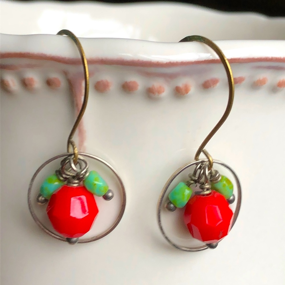 Handcrafted circle drop French hook earrings with Red & Green beads